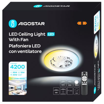 Aigostar - LED Zatemnitveni stropni ventilator LED/40W/230V 2700-6500K pr. 49 cm + Daljinski upravljalnik bela