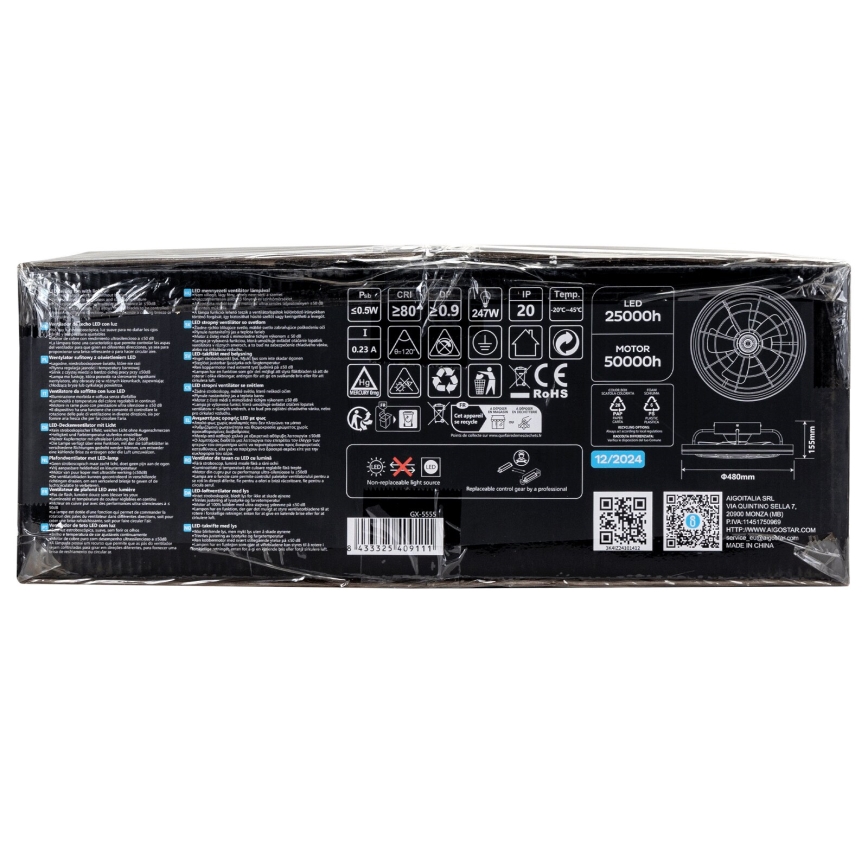 Aigostar - LED Zatemnitveni stropni ventilator LED/40W/230V 2700-6500K pr. 48 cm + Daljinski upravljalnik črna