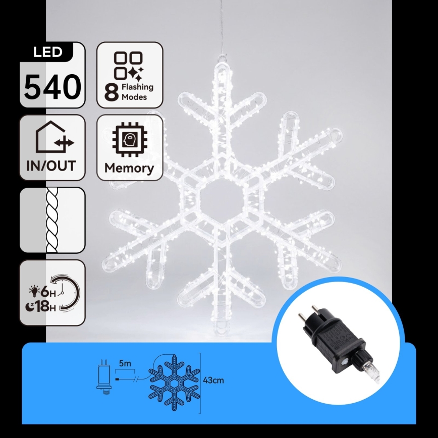 Aigostar - LED zunanja božična dekoracija 540xLED/6W/230V IP44 hladna bela 45cm snežinka