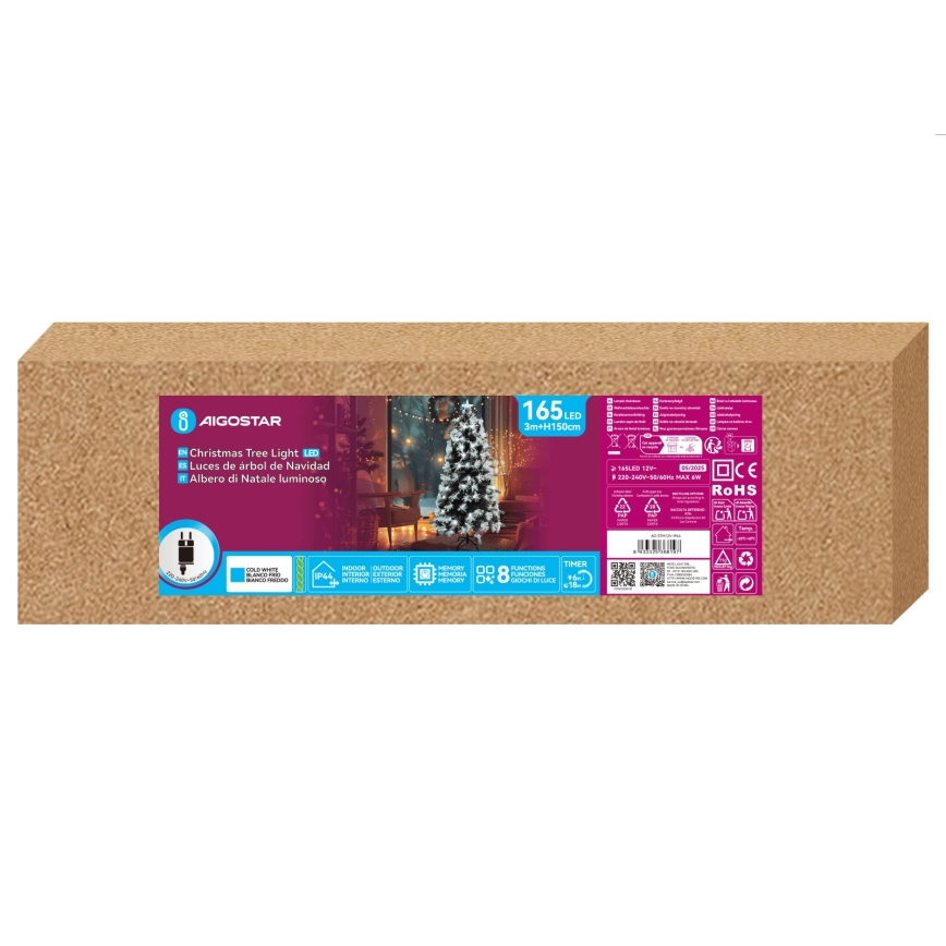 Aigostar - zunanje LED božično drevo 165xLED/8 funkcij 1,5 m IP44 hladno belo