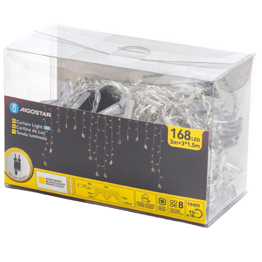Aigostar - LED zunanji božični niz 168 LED/8 funkcij 3x1,5m IP44 topla bela, zvezde