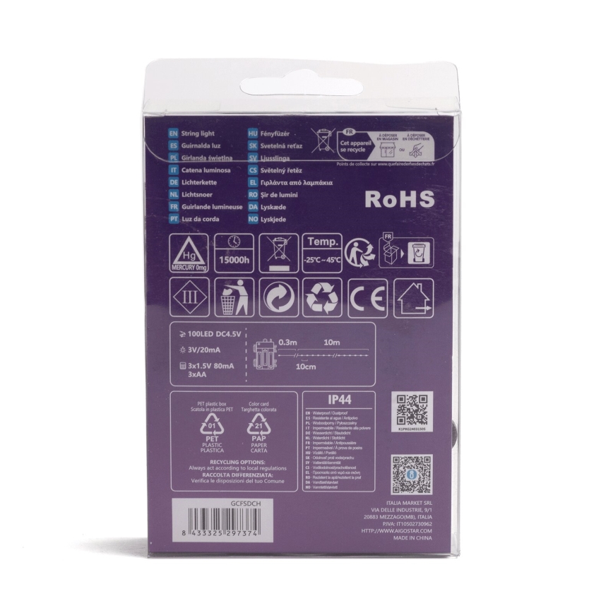 Aigostar-LED Zunanja božična veriga 100xLED/8 funkcij 3xAA 10,3m IP44 multicolor