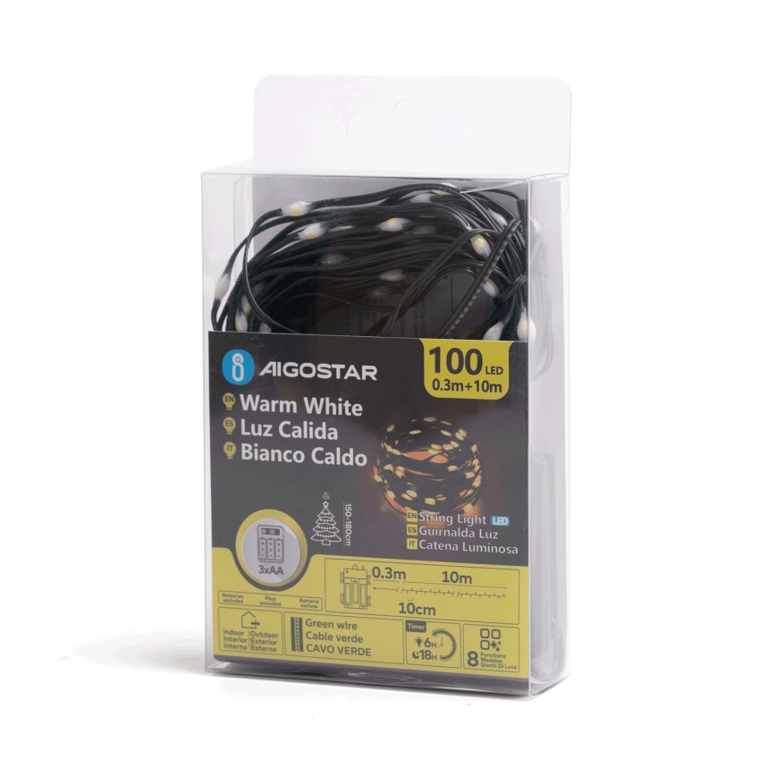 Aigostar - LED Zunanja božična veriga 100xLED/8 funkcij 3xAA 10,3m IP44 topla bela