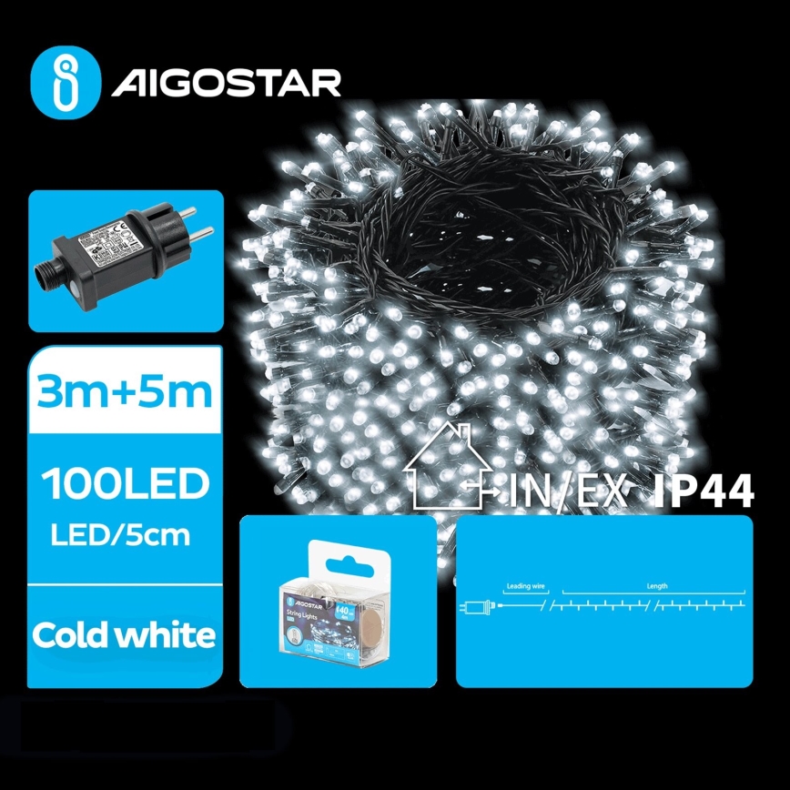Aigostar - LED Zunanja božična veriga 100xLED/8 funkcij 8m IP44 hladno bela