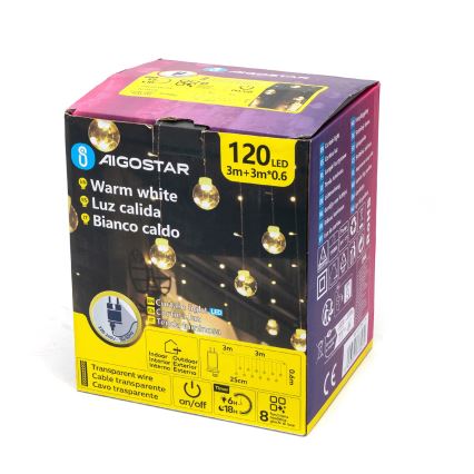 Aigostar - LED zunanji niz 120 LED/8 funkcij 3×0,6 m IP44 topla bela + daljinski upravljalnik