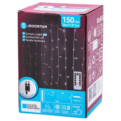 Aigostar - LED zunanji božični niz 150xLED/6W/230V/8 funkcij 1,5x1m IP44 hladna bela + daljinski upravljalnik