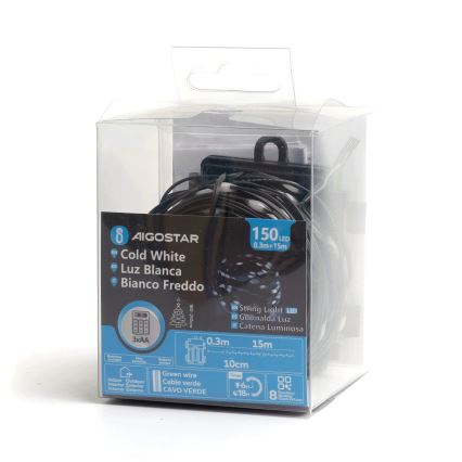 Aigostar - LED Zunanja božična veriga 150xLED/8 funkcij/3xAA 15,3m IP44 hladno bela