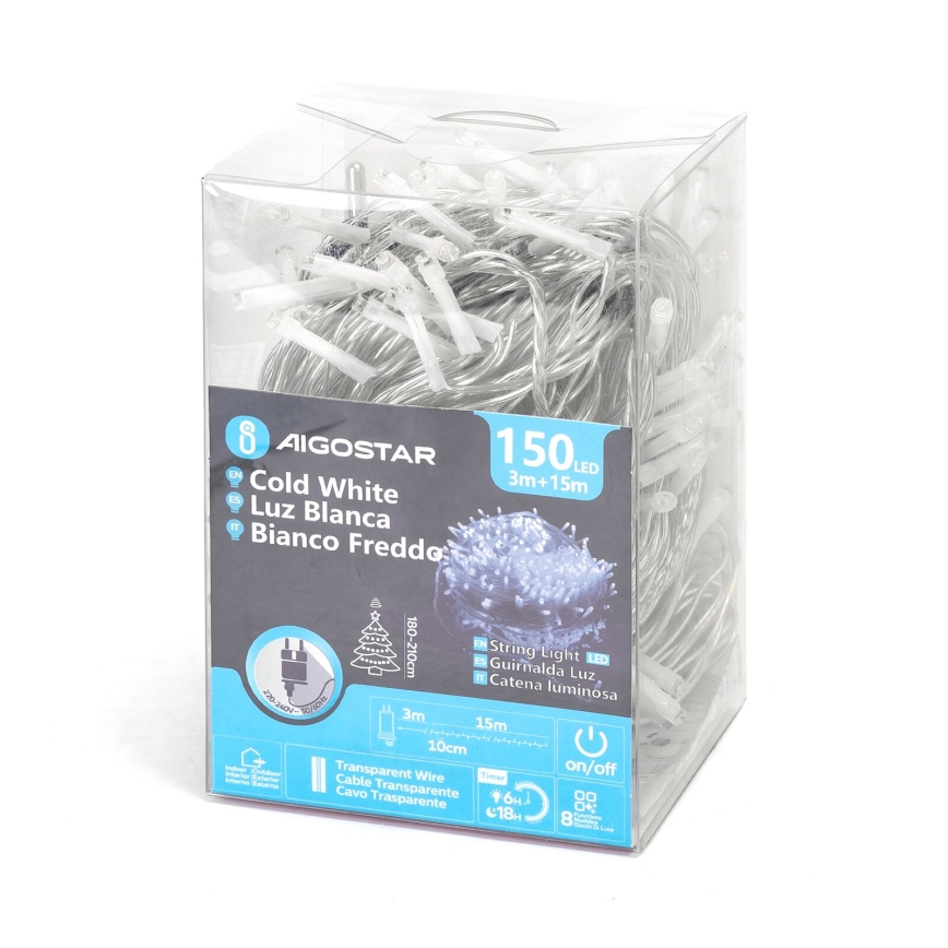 Aigostar - LED Zunanja božična veriga 150xLED/8 funkcij 18m IP44 hladno bela