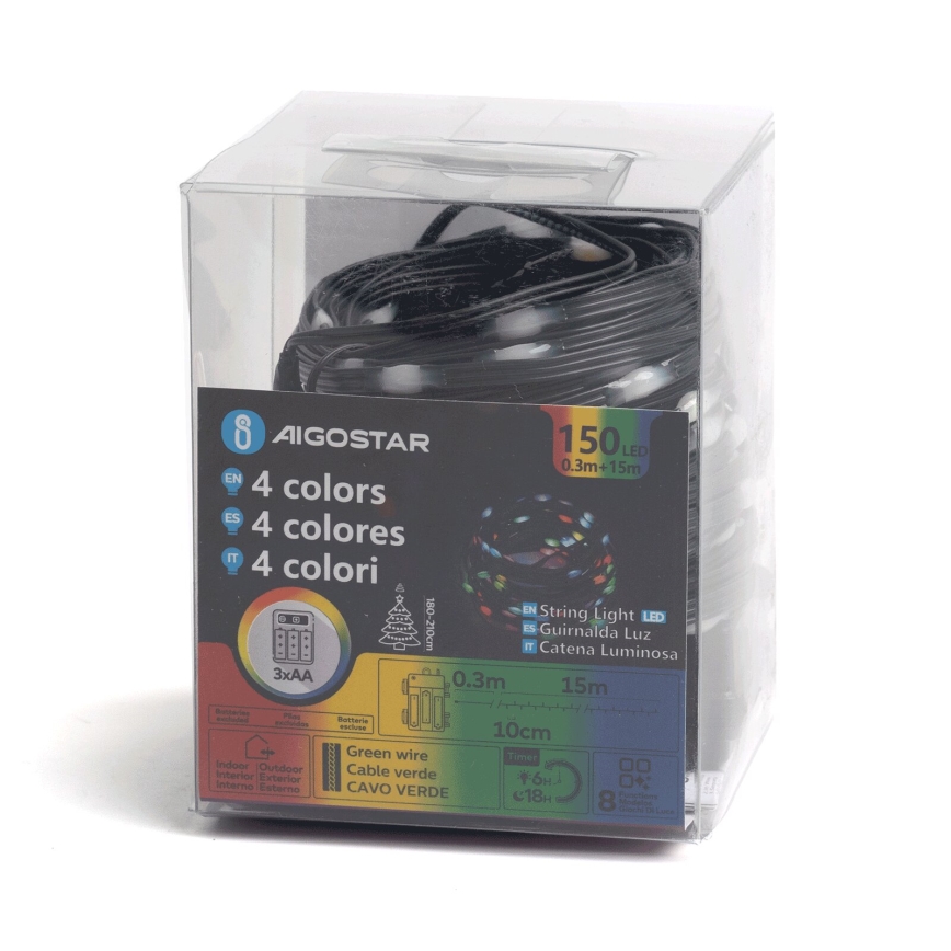 Aigostar -LED Zunanja božična veriga 150xLED/8 funkcij 3xAA 15,3m IP44 multicolor