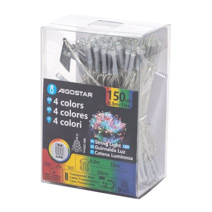 Aigostar -LED Zunanja božična veriga 150xLED/8 funkcij 3xAA 15,3m IP44 multicolor