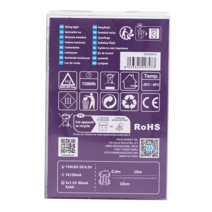 Aigostar -LED Zunanja božična veriga 150xLED/8 funkcij 3xAA 15,3m IP44 multicolor