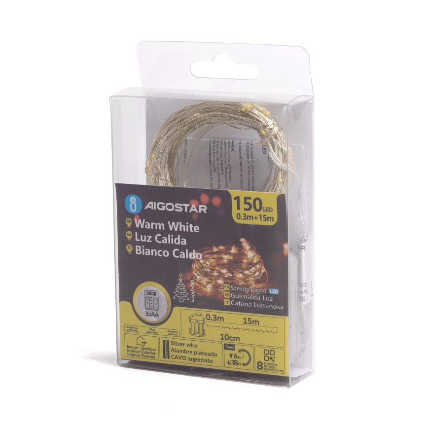 Aigostar -LED Zunanja božična veriga 150xLED/8 funkcij 3xAA 15,3m IP44 topla bela