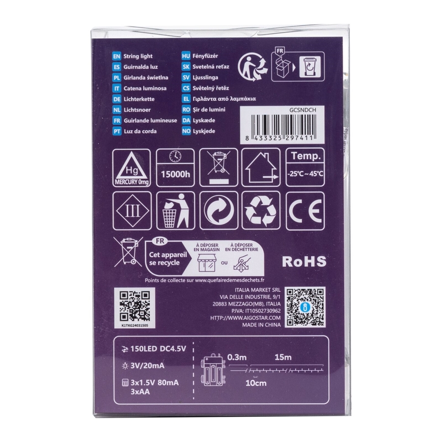 Aigostar - LED Zunanja božična veriga 150xLED/8 funkcij 3xAA 15,3m IP44 topla bela