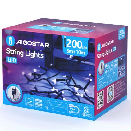 Aigostar - LED Zunanja božična veriga 200xLED/8 funkcij 13m IP44 hladno bela