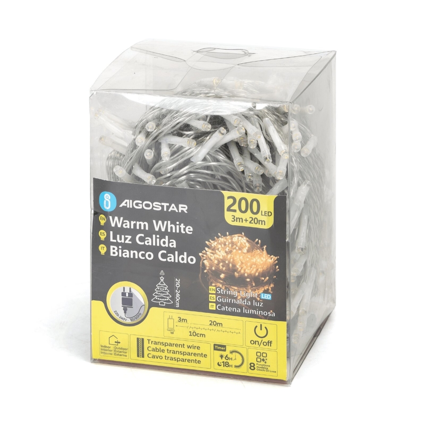 Aigostar - LED Zunanja božična veriga 200xLED/8 funkcij 23m IP44 topla bela