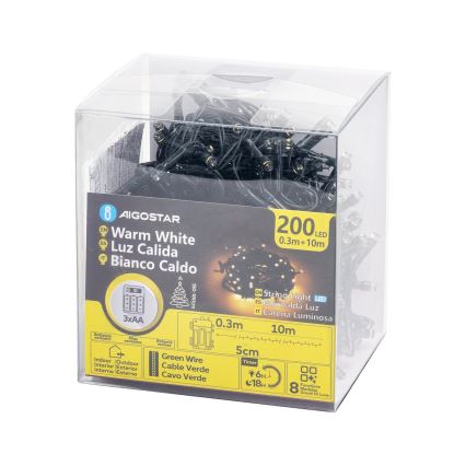 Aigostar - LED Zunanja božična veriga 200xLED/8 funkcij 3xAA 10,3m IP44 topla bela