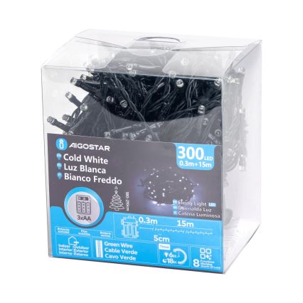 Aigostar - LED Zunanja božična veriga 300xLED/8 funkcij 15,3m IP44 hladno bela