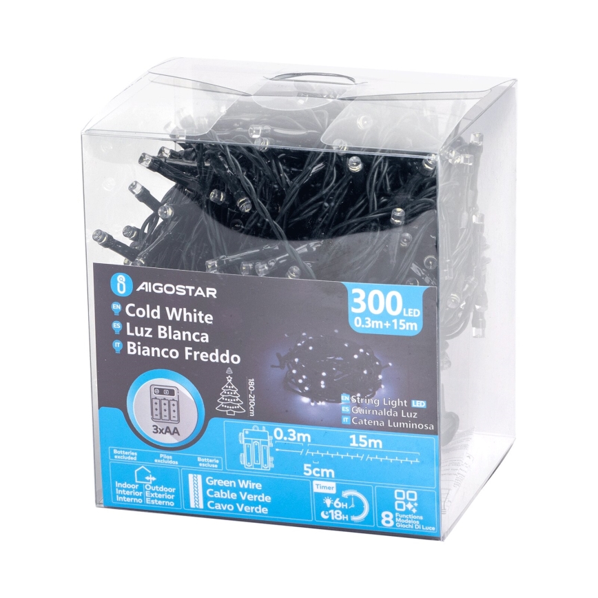 Aigostar - LED Zunanja božična veriga 300xLED/8 funkcij 15,3m IP44 hladno bela