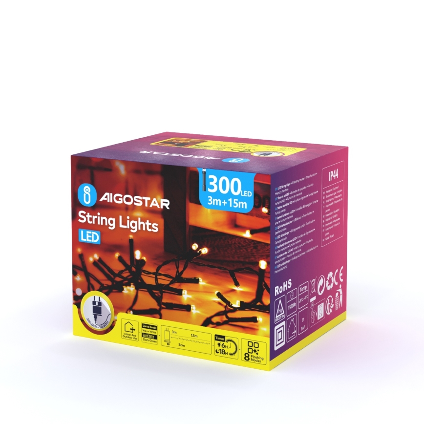 Aigostar - LED Zunanja božična veriga 300xLED/8 funkcij 18m IP44 topla bela