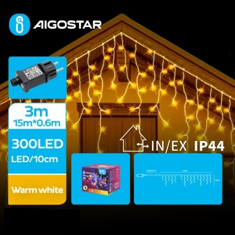 Aigostar - LED Zunanja božična veriga 300xLED/8 funkcij 18x0,6m IP44 topla bela