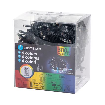 Aigostar -LED Zunanja božična veriga 300xLED/8 funkcij 3xAA 15,3m IP44 multicolor