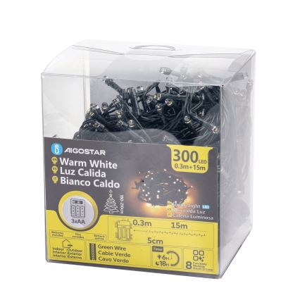Aigostar-LED Zunanja božična veriga 300xLED/8 funkcij 3xAA 15,3m IP44 topla bela