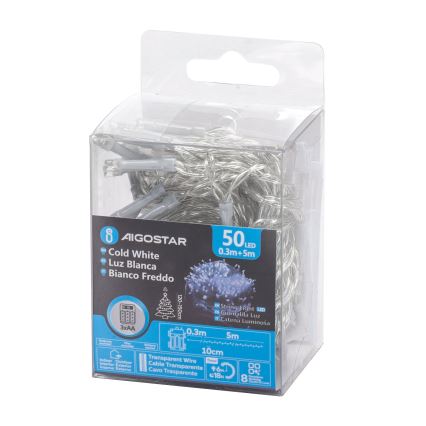 Aigostar - LED Zunanja božična veriga 50xLED/8 funkcij 3xAA 5,3m IP44 hladno bela