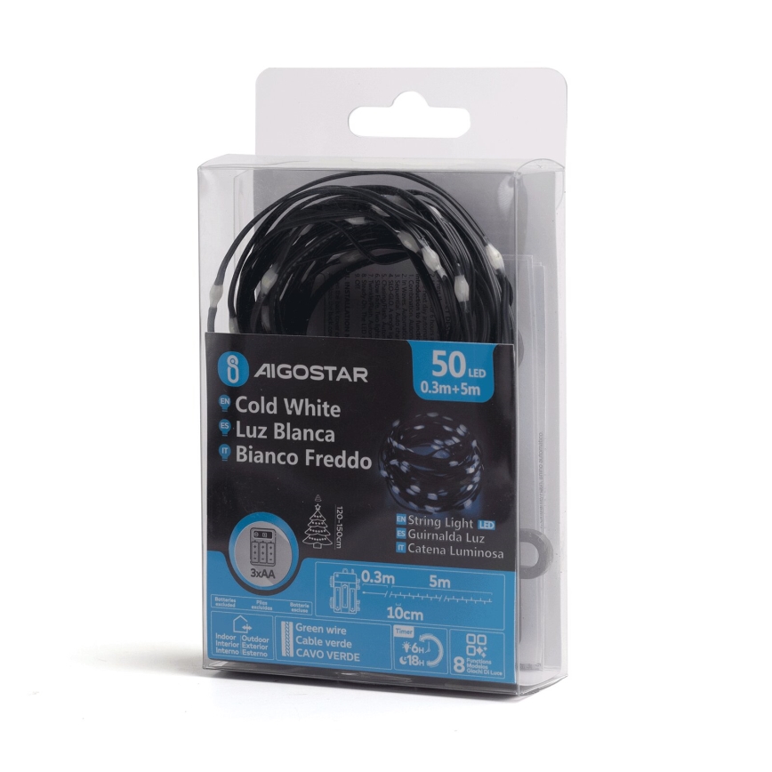 Aigostar -LED Zunanja božična veriga 50xLED/8 funkcij 3xAA 5,3m IP44 hladno bela