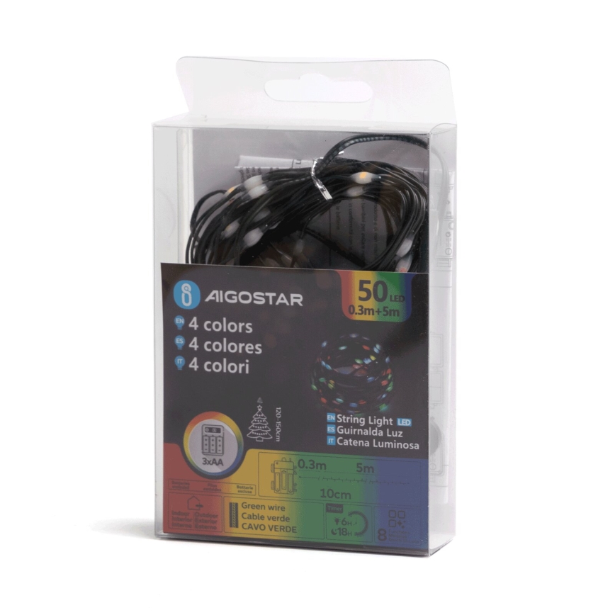 Aigostar - LED Zunanja božična veriga 50xLED/8 funkcij 3xAA 5,3m IP44 multicolor