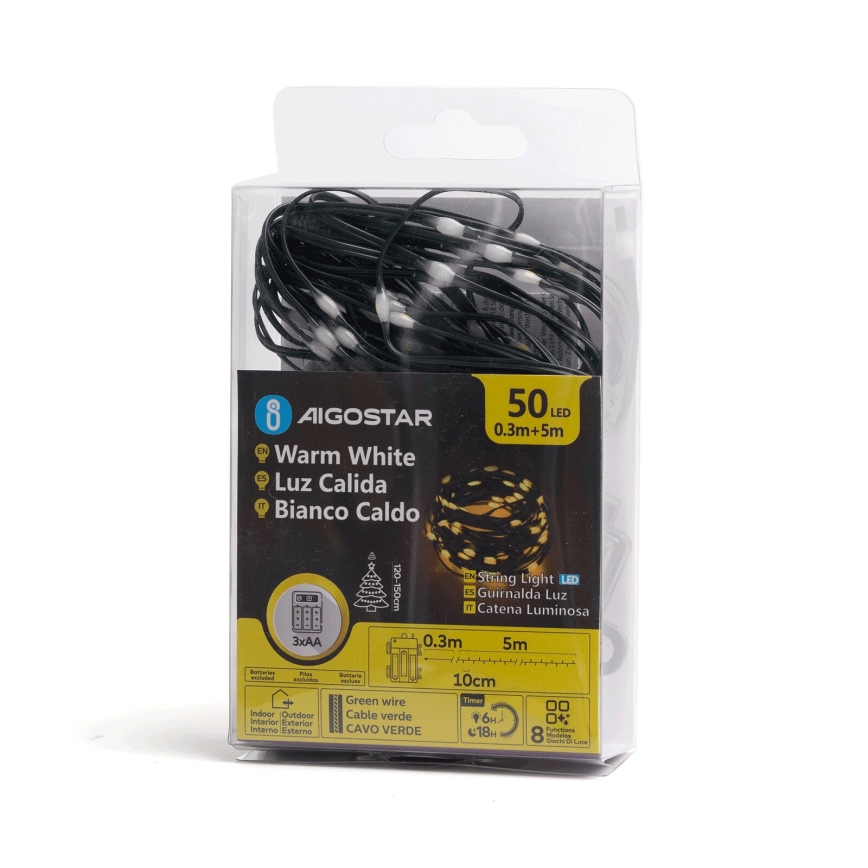 Aigostar - LED Zunanja božična veriga 50xLED/8 funkcij 3xAA 5,3m IP44 topla bela
