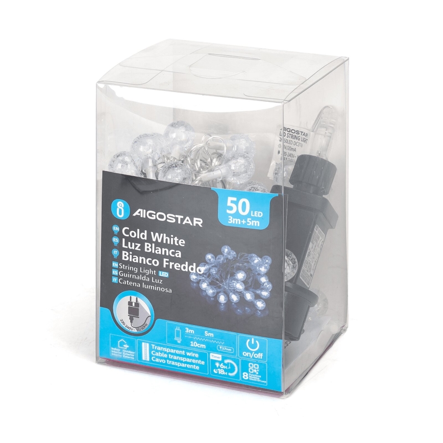 Aigostar - LED Zunanja božična veriga 50xLED/8 funkcij 8m IP44 hladno bela