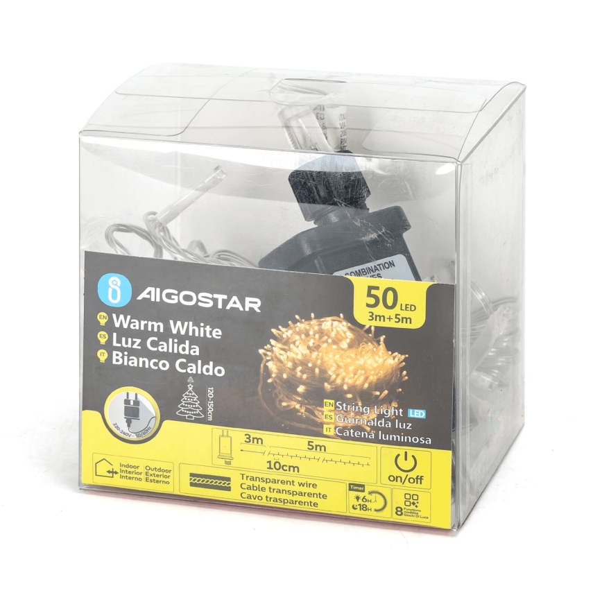 Aigostar - LED Zunanja božična veriga 50xLED/8 funkcij 8m IP44 topla bela