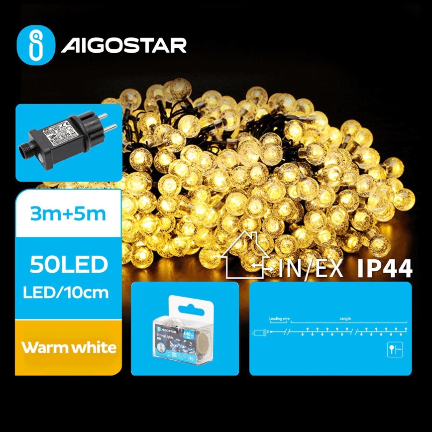 Aigostar - LED Zunanja božična veriga 50xLED/8 funkcij 8m IP44 topla bela