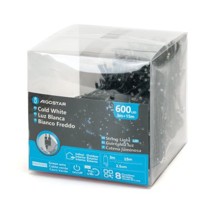 Aigostar - LED Zunanja božična veriga 600xLED/8 funkcij 18m IP44 hladno bela