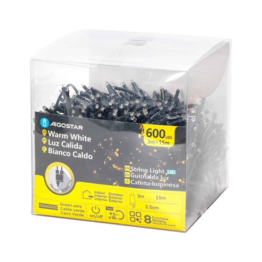 Aigostar - LED Zunanja božična veriga 600xLED/8 funkcij 18m IP44 topla bela