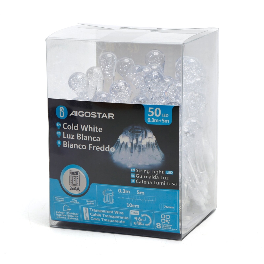 Aigostar - LED Zunanja dekorativna veriga 50xLED/8 funkcij/3xAA 5,3m IP44 hladno bela