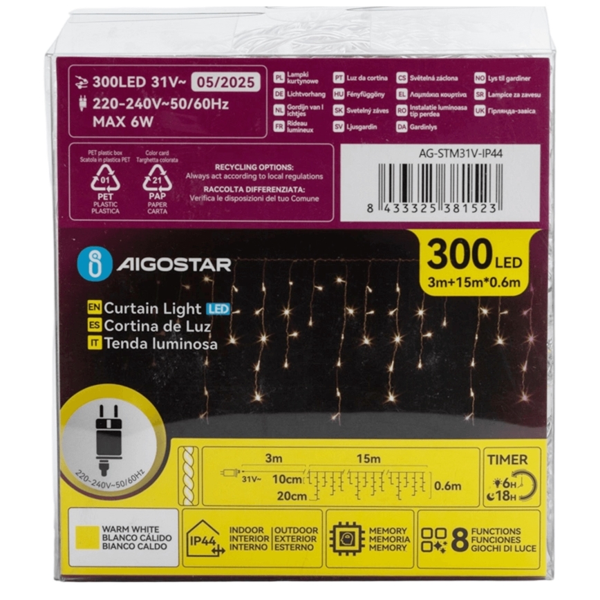 Aigostar - LED Zunanja dekorativna veriga 75xLED/6W/230V 15x0,6m IP44 topla bela