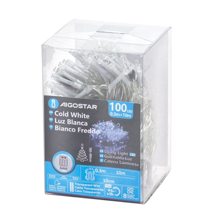 Aigostar - LED zunanji niz 100xLED/8 funkcij/3xAA 10,3m IP44 hladna bela