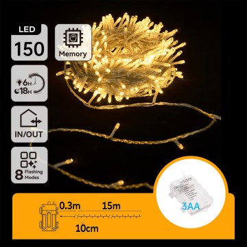 Aigostar -LED Zunanje božične lučke 150xLED/8 funkcij 3xAA 15,3m IP44 topla bela