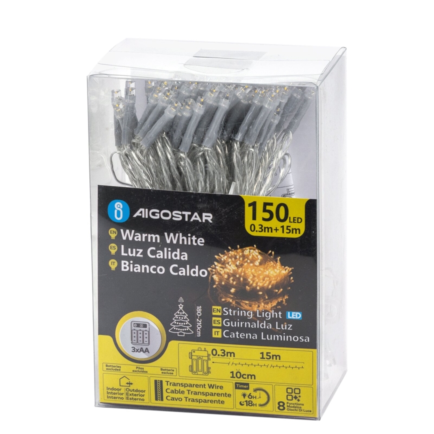 Aigostar -LED Zunanje božične lučke 150xLED/8 funkcij 3xAA 15,3m IP44 topla bela