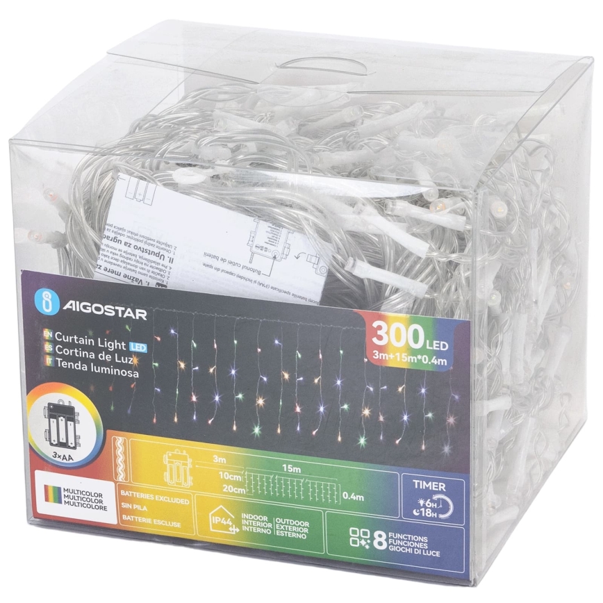 Aigostar - LED zunanji božični niz 300xLED/8 funkcij 3xAA 18x0,4m IP44 večbarven
