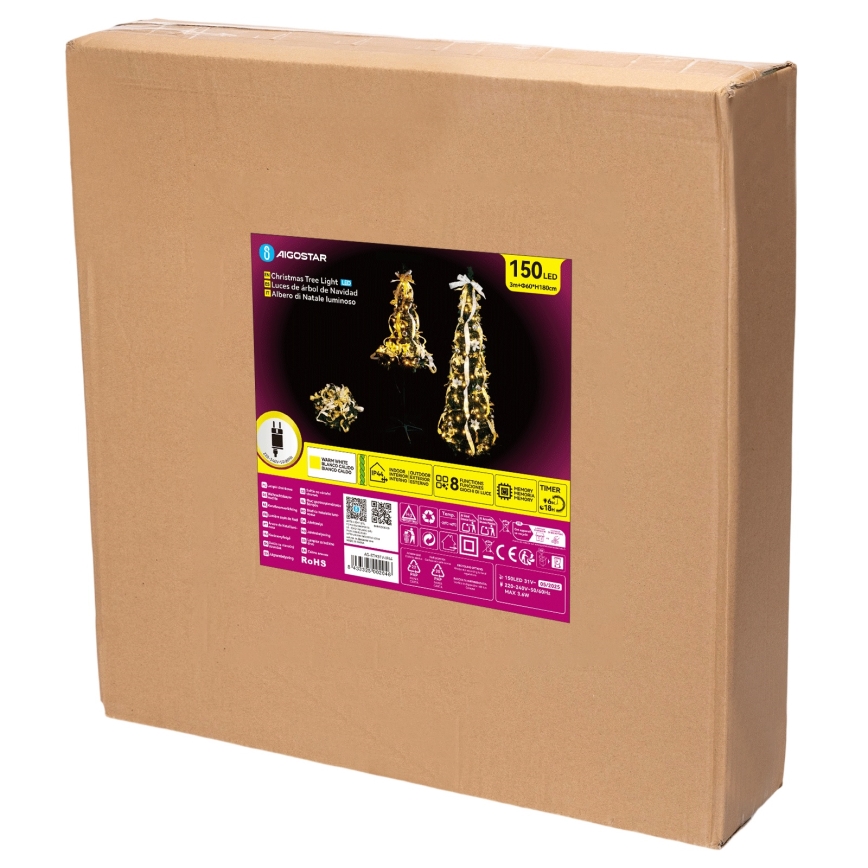 Aigostar - LED zunanje božično drevo 150xLED 1,8m IP44 bela/zlata, topla bela