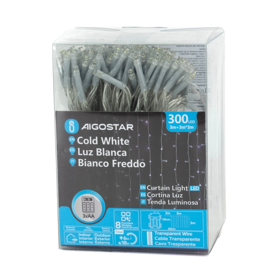 Aigostar - LED zunanji božični niz 300xLED/8 funkcij 3xAA 6x2m IP44 hladna bela