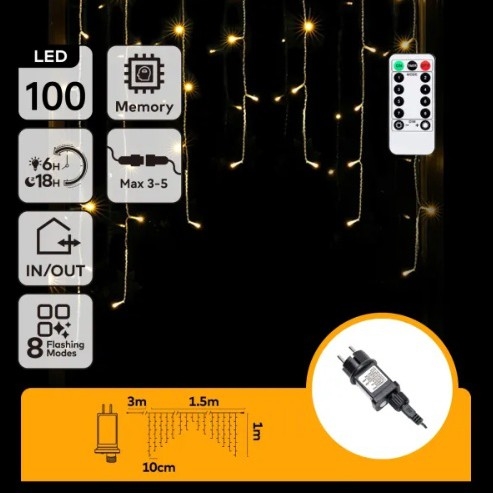 Aigostar - LED zunanji božični niz 100xLED/6W/230V/8 funkcij 1,5x1m IP44 topla bela + daljinski upravljalnik