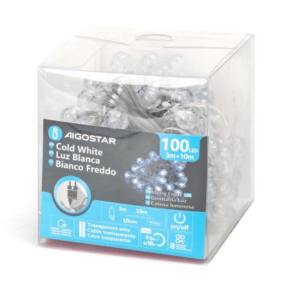 Aigostar - LED zunanji božični niz 100xLED/8 funkcij 13m IP44 hladna bela