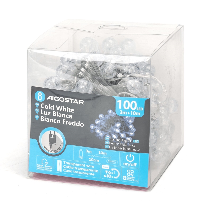 Aigostar - LED zunanji božični niz 100xLED/8 funkcij 13m IP44 hladna bela