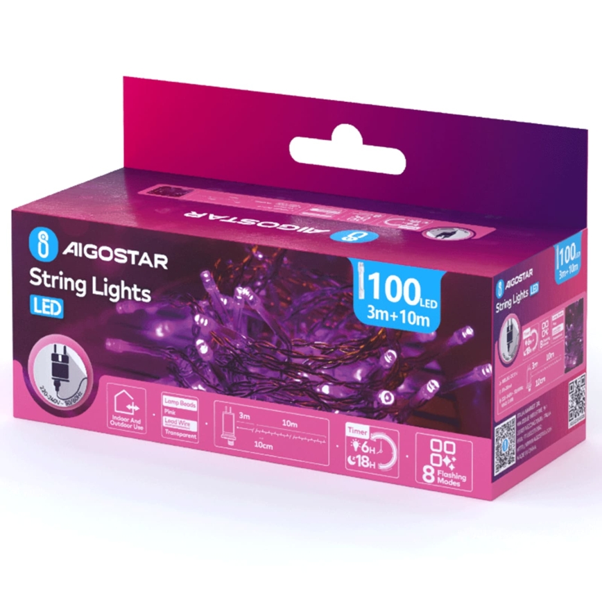 Aigostar - LED zunanji božični niz 100xLED/8 funkcij 13m IP44 rožnata