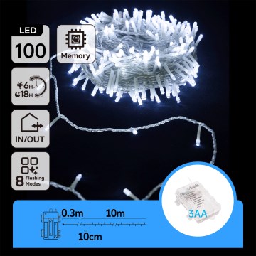 Aigostar - LED zunanji božični niz 100xLED/8 funkcij/3xAA 10,3m IP44 hladna bela