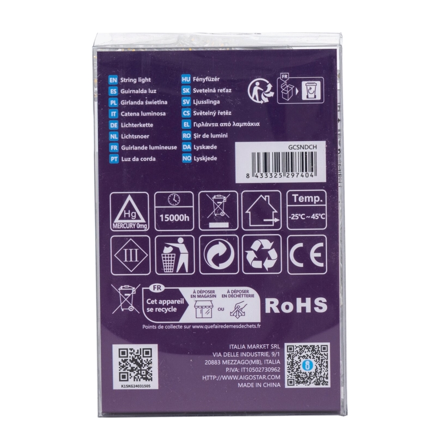 Aigostar -LED zunanji božični niz 100xLED/8 funkcij 3xAA 10,3m IP44 topla bela