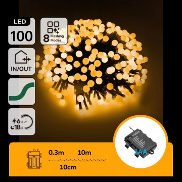 Aigostar - LED zunanji božični niz 100xLED/8 funkcij 3xAA 10,3m IP44 topla bela